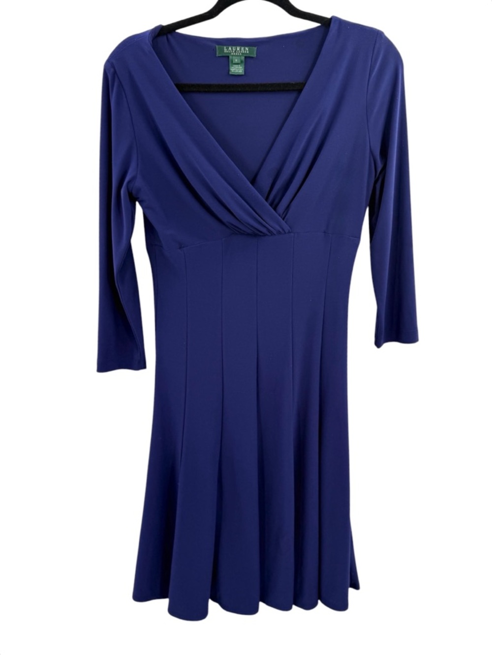 Lauren Ralph Lauren Blue Faux Wrap Dress 3/4 Sleeve A-Line Stretch Midi Classic